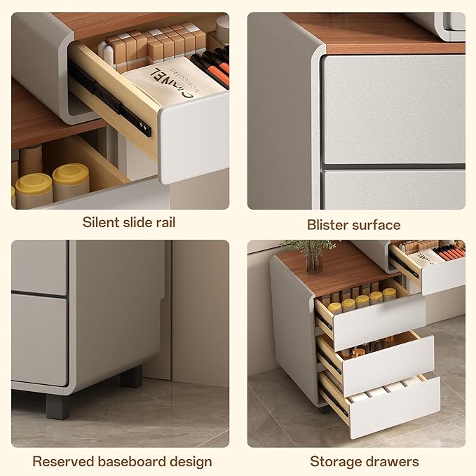 Vanity Desk with Mirror and LED Lights| Small Makeup Table with 5 Drawers and Adjustable Storage Cabinet| Modern Space-Saving Dressing Table for Bedroom(Walnut Top with Gray Base)