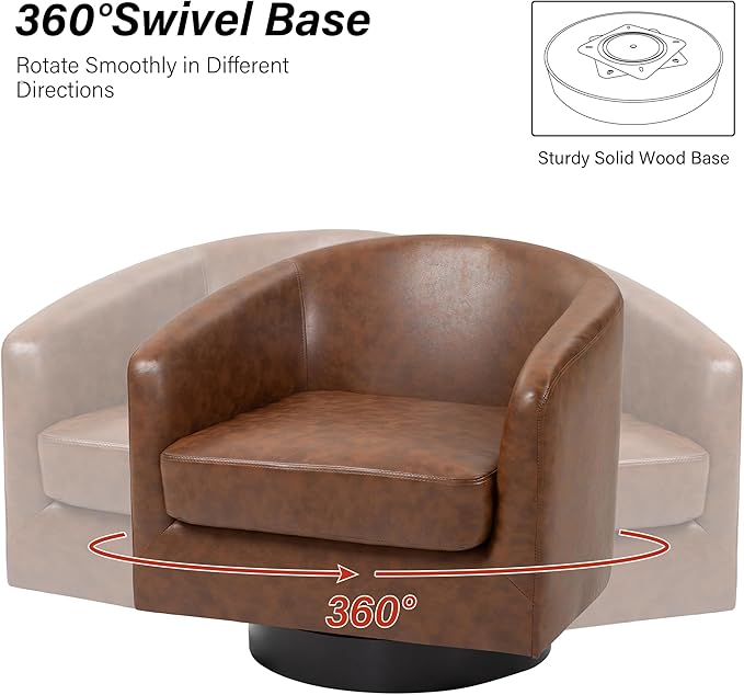 Swivel Barrel Chair, Modern Round PU Leather Accent Armchair for Living Room, Bedroom, Oversized Comfy Club Reading Chairs for Adults (Leather Coffee, Set of 2)