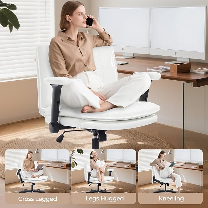 Criss Cross Chair with Flip-Up Arms and Lockable Wheels, Leather Cross Legged Office Desk Chair，Wider 125°Tilting Adjustable Swivel Computer Chair for Home, Apartment, Bedroom,White