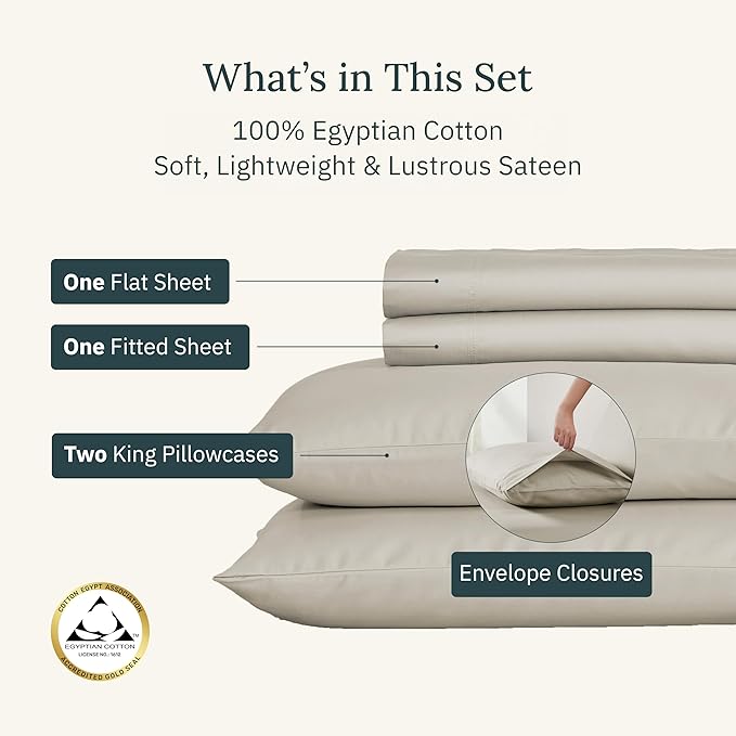 California Design Den Certified Luxury 100% Egyptian Cotton Sheets Set - California King Sheets Deep Pocket Set, Sateen Weave, Soft and Durable Luxury Bedding, Ideal for Hot Sleepers - Beige