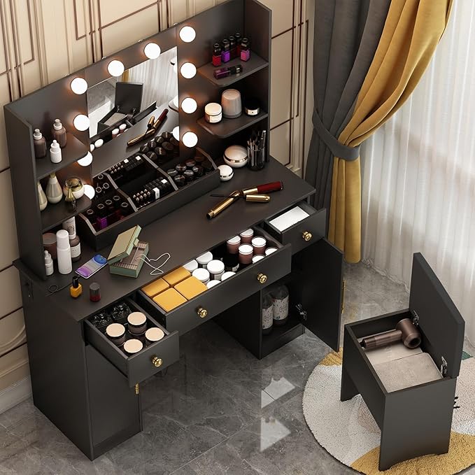 Vanity Desk with Mirror and Lights,Black Makeup Vanity with Charging Station & Vanity Stool, 3 Drawers and Cabinets White Vanity Mirror with RGB LED Lights Vanity Desk and Chair for Women