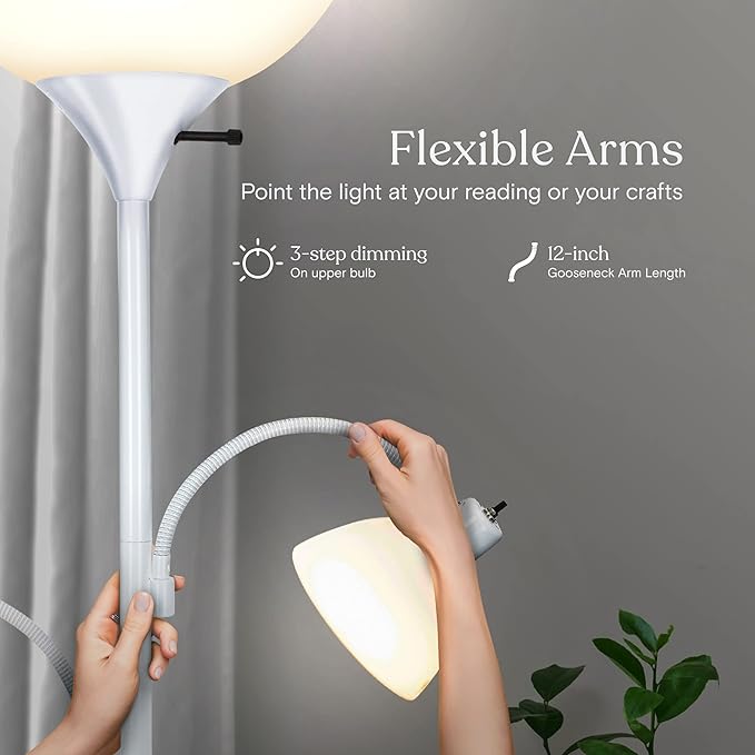 Brightech Sky Dome Double – High Brightness Torchiere Floor Lamp with 2 Reading Lights for Living Rooms, Bedrooms – Replace Halogen Standing Lamps with Efficient LED Office Lighting - Tall White Pole