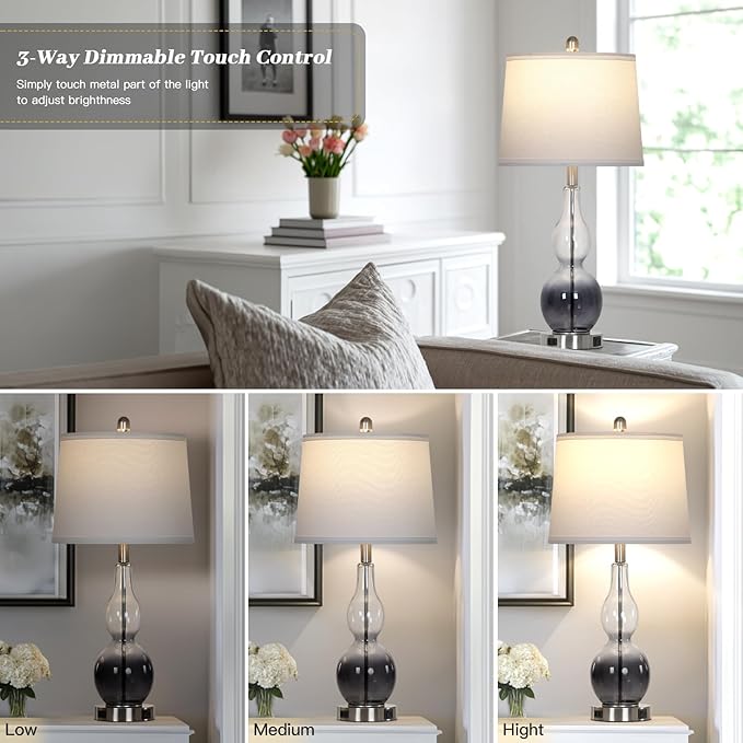 27.5" Gradual Gray Clear Glass Table Lamp Set of 2,3-Way Dimmable Touch Control Bedside Lamps with USB Ports and AC Outlet, Modern Nightstand Lamps for Bedroom Living Room