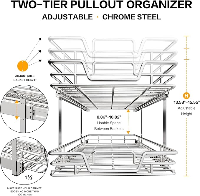 2-Tier Kitchen Cabinet Pull Out Cabinet Organizer,Shelf and Drawer Organizer Slide Out Pantry Storaqe Basket in Multiple Sizes (17" W x 21" D)