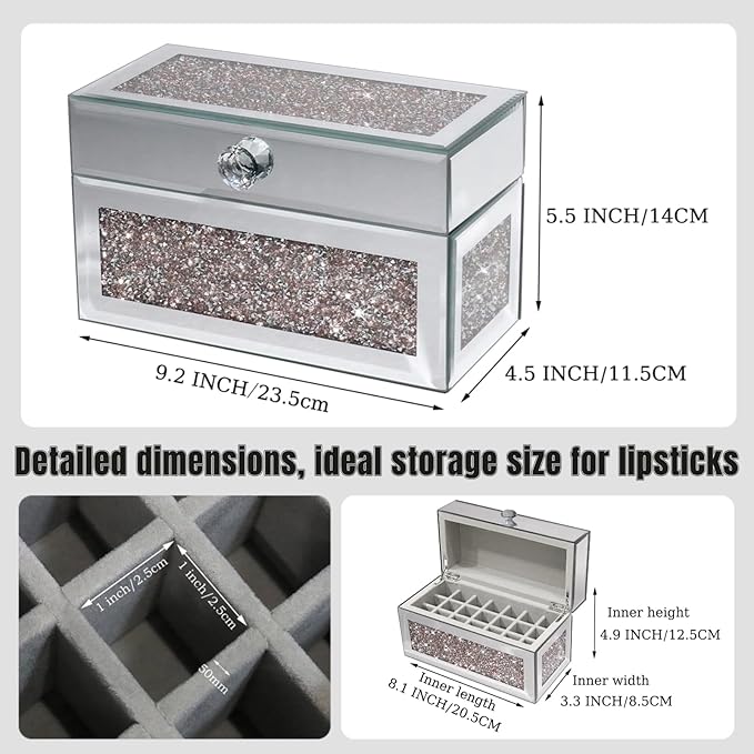 21 Spaces Lipstick Organizer with Lid,Lip Gloss Rollerball Perfume Holder for Vanity,Crushed Diamond Home Decor,Gift idea(9.2" L x 4.5" W x 5.5" H)
