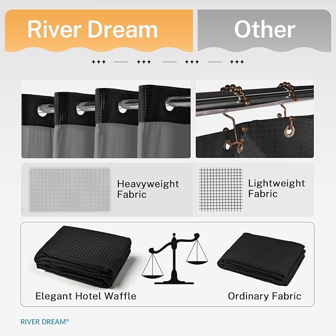 River Dream Heavyweight No Hooks Required Dotted Waffle Weave Shower Curtain with Snap in Liner -Stall 54W x 80H,Hotel Grade,Spa Like Bath Curtain,Black