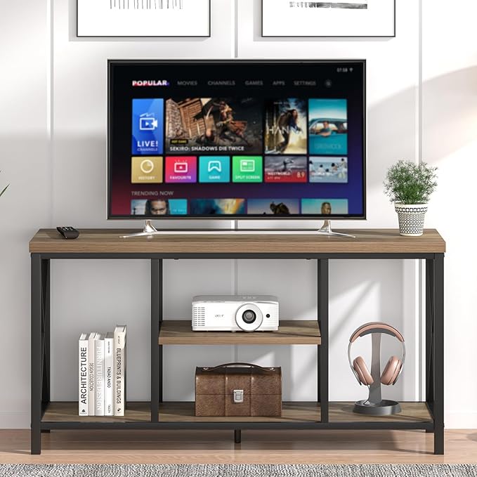 FOLUBAN TV Stand for TVs up to 55 Inch, Rustic Wood and Metal Entertainment Center with Storage, Modern Industrial Media TV Console Table for Living Room Bedroom, Oak 47 Inch