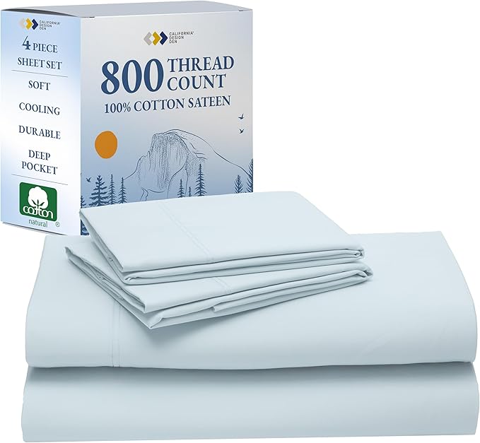 California Design Den Cotton Bed Sheets Queen Size Set - Luxury Hotel 800 Thread Count Sateen, Natural 100% Cotton Sheets Queen Size Set, Durable Deep Pockets with Anti-Skid Elastic - Light Blue