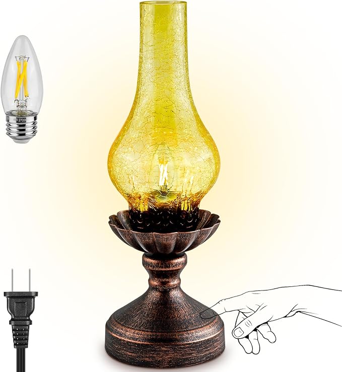Touch Control Vintage Table Lamp | 3-Way Dimmable Rustic Retro Farmhouse Lamp with Amber Glass Shade and LED Bulb for Bedroom, Living Room, Nightstand, Office