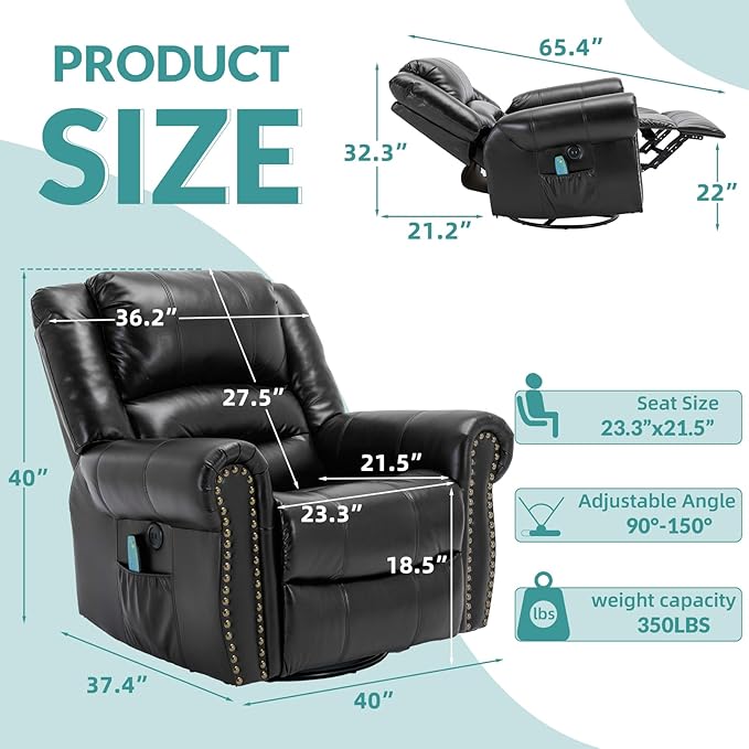MEETWARM Massage Swivel Rocker Recliner with Heat and Vibration, Manual Glider Rocking Recliner Chair, 360°Swivel Lounge Reclining Chair with Remote Control/USB Ports for Living Room(Black)