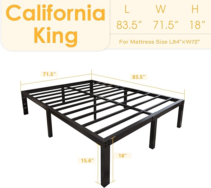 18 Inch Tall and Strong Platform Metal Bed Frame/Easy Assembly Mattress Foundation/ 4000lbs Heavy Duty Frame with Steel Slat Support/No Noise/No Box Spring Needed,Cal King