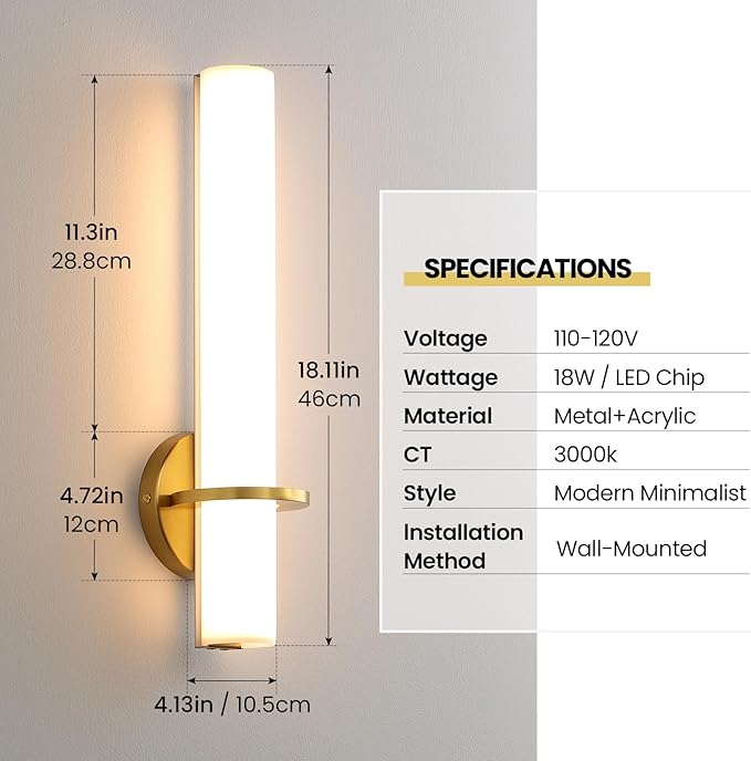 Gold Wall Sconces Set of Two - 18 inch Dimmable Modern Sconces Wall Lighting 18W 3000K LED Wall Lights Acrylic Lampshade Hardwired Wall Light Fixtures for Living Room Bedroom Bathroom Hallway