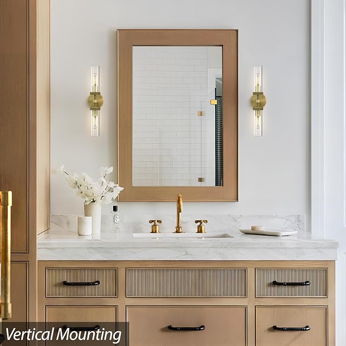 2-Light Brass Knurled Wall Sconces, Glass Sconces Wall Lighting indoor, Gold Bathroom Vanity Light Sconces, Wall Lights for Living Room Bedroom Hallway Kitchen Bathroom Mirror, Including Bulb