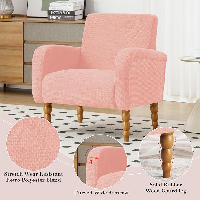 Accent Armchair Set of 1, Mid-Century Modern Living Room Chairs with Gourd-Like Shape Wooden Legs, Chenille Upholstered Single Sofa Reading Chair for Living Room Bedroom Guest Room,Pink
