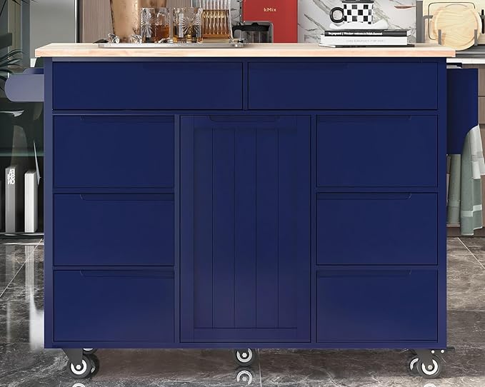 53 Inch Width/18.5 Inch Depth Kitchen Cart with Rubberwood Countertop on 5 Wheels, Rolling Kithcen Island with Storage Cabinet & 8 Handle-Free Drawers & Adjustable Shelf for Kitchen, Dark Blue