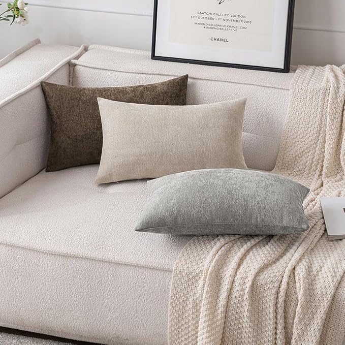 MIULEE Pack of 2 Beige Decorative Pillow Covers 12x20 Inch Soft Chenille Couch Throw Pillows Farmhouse Cushion Covers for Home Decor Sofa Bedroom Living Room