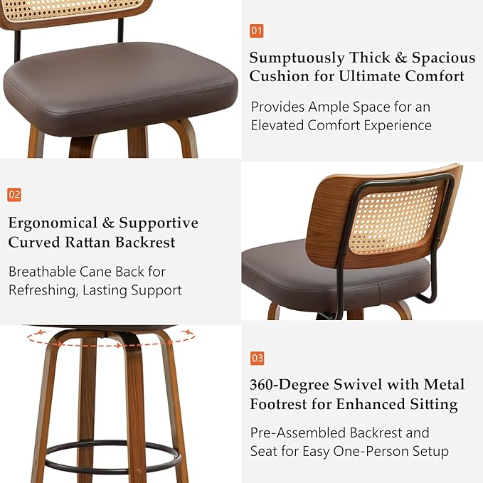Bar Stools Set of 2 - 30 inch Rattan Swivel Bar Stools with Walnut Craftsmanship, Curved Rattan Back, Upholstered Seat, Mid Century Modern BarStools for Bar/ Pub/Island/Cafe (30" Seat Height, Brown)