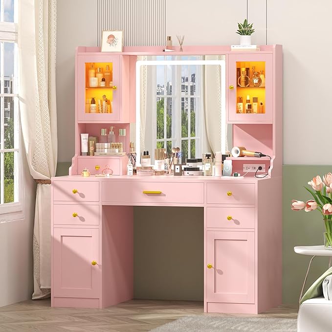 Vanity Desk with Mirror and Lights, Makeup Vanity Table with Power Outlet, Dressing Vanity Table Set with 6 Drawers & 4 Cabinets, 3 Color Modes & Brightness Adjusted, for Bedroom Room, Pink