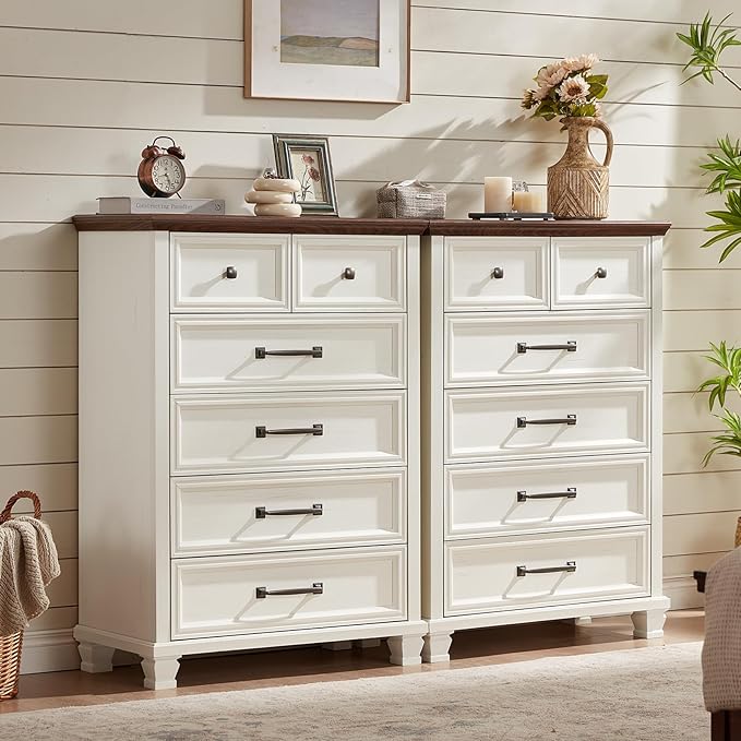 Farmhouse 6 Drawer Dresser for Bedroom, 45 Inch Tall Vintage Wood Chest of Drawers, Rustic Dressers w/Square Wooden Legs, Mid-Century Storage Organizer for Living Room, Hallway, White