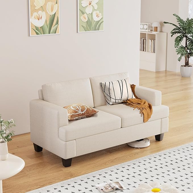 Furnimart 62" Loveseat Couch, Modern Love Seat Couches for Small Spaces, Beige Linen Sofa, Deep Seat Sofa for Living Room, Small 2 Seater Couch for Bedroom, Office