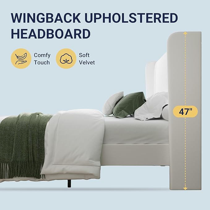 Allewie King Size Velvet Platform Bed Frame with Vertical Tufted Wingback Headboard, Easy Assembly, Under Bed Storage, No Box Spring Required, Modern Style, White