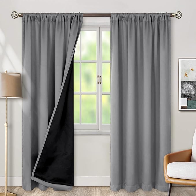 BGment Dove Grey 100% Blackout Curtains 84 Inches Long with Reducing Noise Liner, Rod Pocket and Back Tab Double Layer Full Room Darkening Window Curtain for Bedroom, 2 Panels, Each 42 x 84 Inch