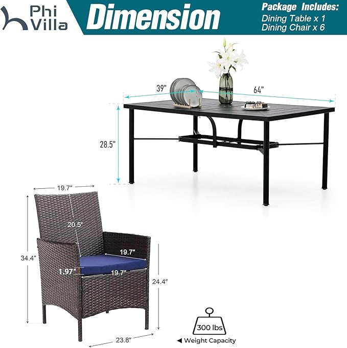 PHI VILLA 7 Piece Patio Dining Table Set for 6, 64" Metal Dining Table with Umbrella Hole & Cushioned Wicker Chairs for Outdoor, Yard, Porch, Deck