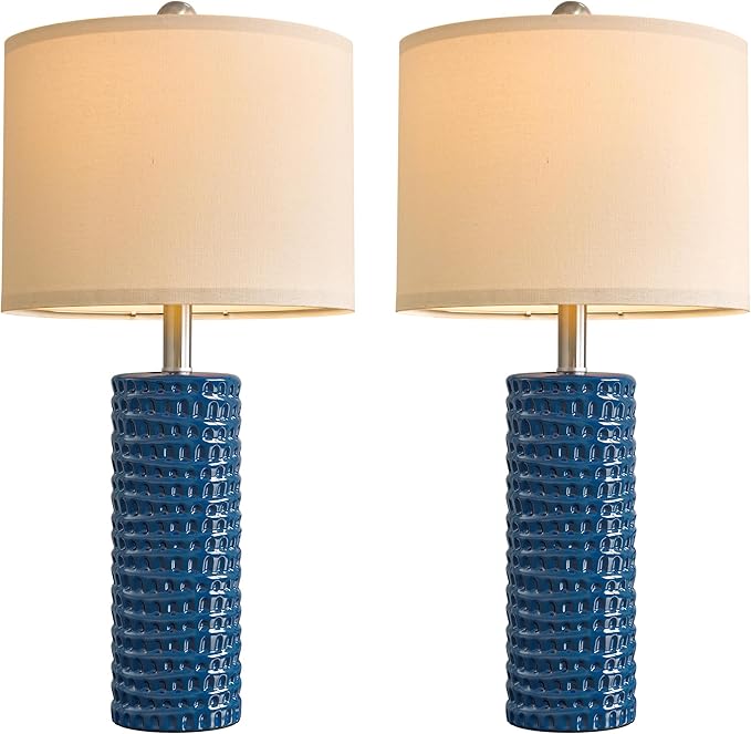 PORTRES 24.75" Modern Accent Ceramic Table Lamp Set of 2 for Bedroom Desk Decor Bedside Lamps for Living Room Study Room Office Dorm Farmhouse Nightstand Lamp End Table Lamps (Blue)