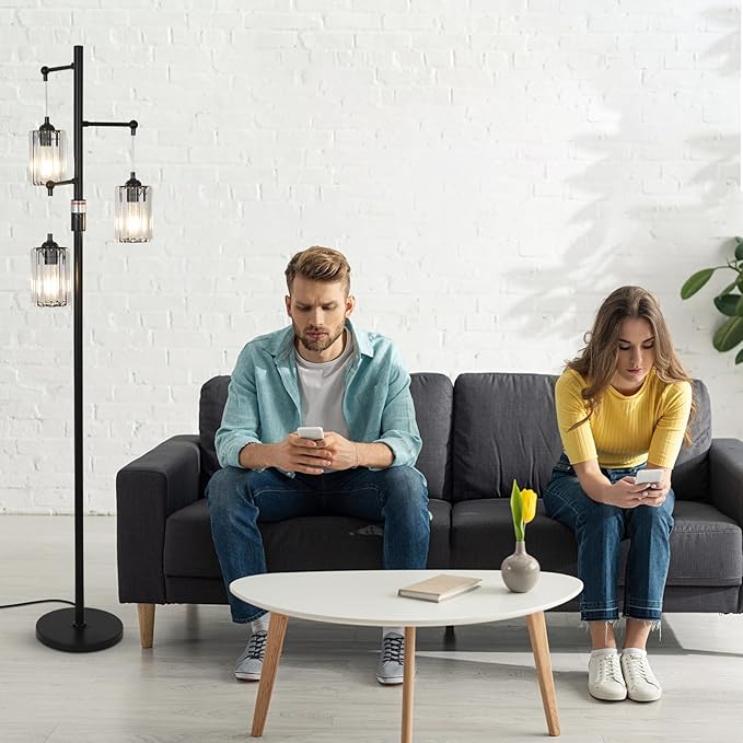 Black Modern Crystal Floor Lamp, 3 Lights Standing Lamp Dimmable, Industrial Tree Lamp with Crystal Shade, Dimmer Switch, 65" Tall Corner Floor Lamps for Living Room Bedroom Office Reading