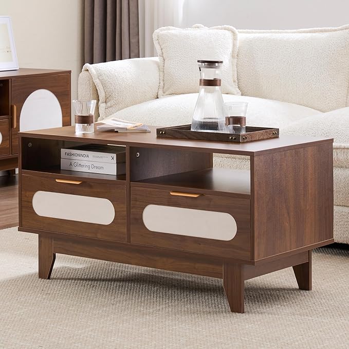 CANMOV 39 inch Mid Century Coffee Table with 4 Drawers and 2 Shelve, Rectangle Wooden Wood Coffee Table for Living Room,Walnut