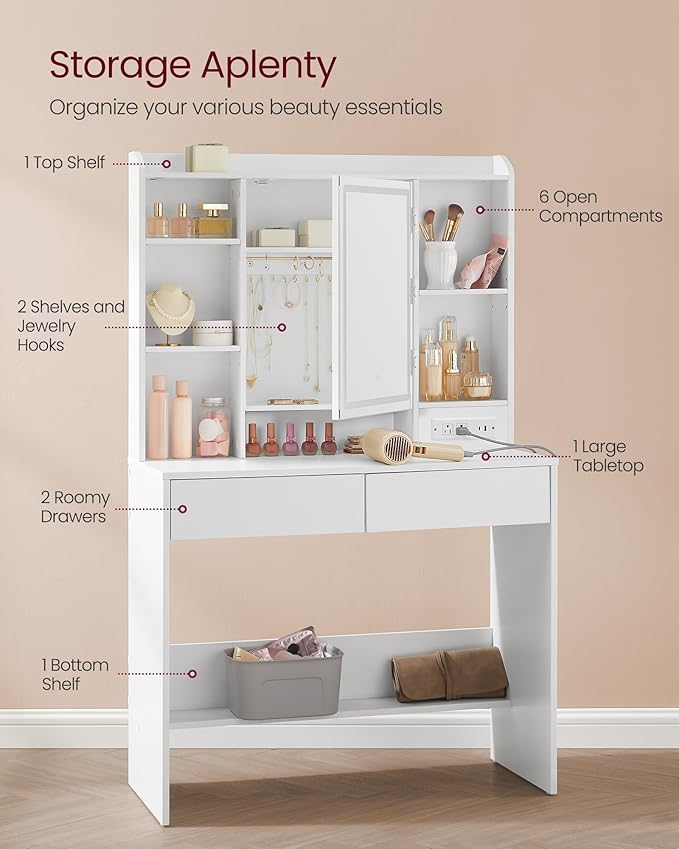 VASAGLE Kailyn Collection - Vanity Desk with Power Outlets, Makeup Vanity with Mirror and Lights, LED Lights, 6 Compartments, 2 Drawers, for Bedroom, Cloud White URDT031WB02S