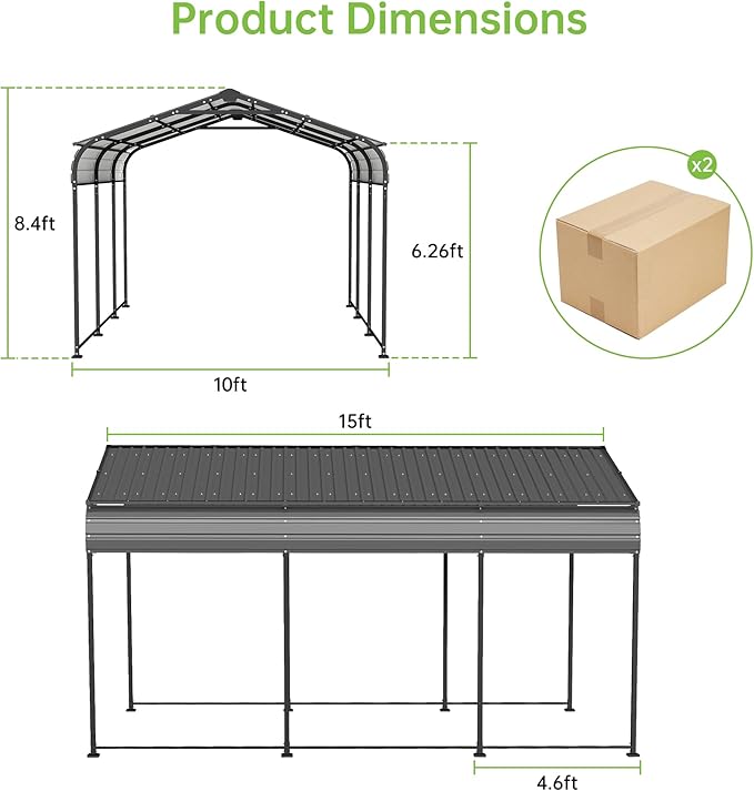 10x15FT Metal Carport, Heavy Duty Frame with Updated Galvanized Steel Roof, Enhanced Base, Outdoor Garage Car Storage Shelter for Cars, Boats, Tools, Party