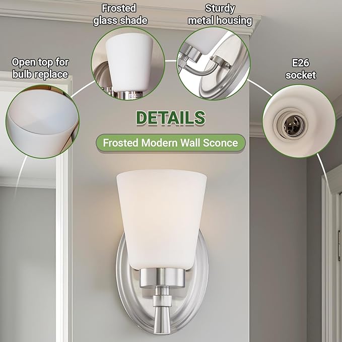 GRUENLICH Wall Sconce, Modern Vanity Light, for Bathroom, Bedroom, Sitting Room, E26 Base 60W Max, Metal Housing with Glass, Nickel Finish, 1-Pack