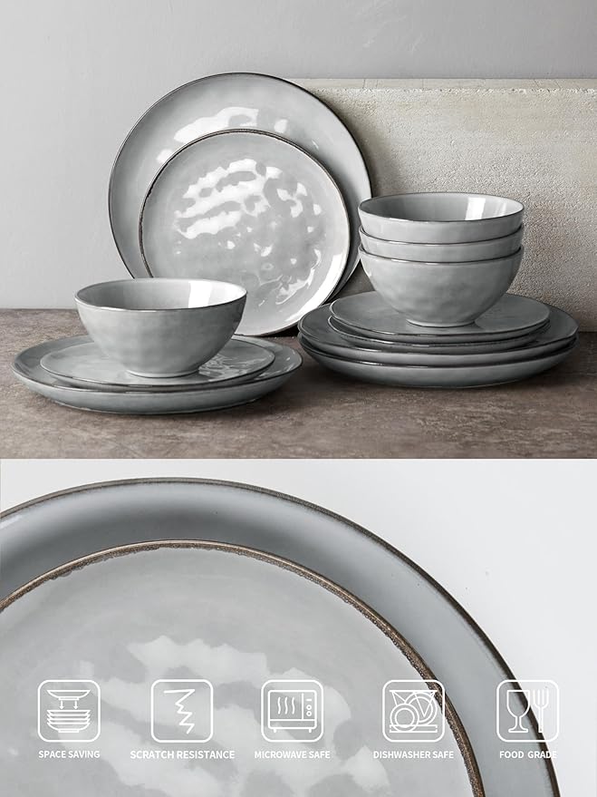 Famiware Dinnerware Sets for 4, Ocean Round 12-Piece Kitchen Plates and Bowls Sets, Reactive Glaze, Microwave and Dishwasher Safe, Scratch Resistant, Grey