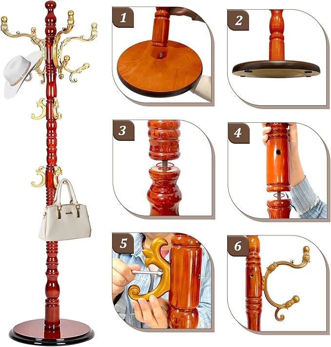 73”Vintage Wooden Coat Rack Freestanding With 14 Hooks and Sturdy Round Base。3-level Adjustable Vintage Wooden Coat Rack.Coat Rack Stand for Living Room Bedroom Office