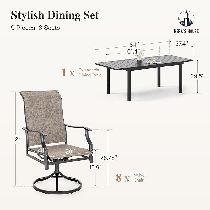 HERA'S HOUSE Outdoor Patio Dining Set of 9, 9 Piece Outdoor Table and Chairs Set of 1 Extendable Large Patio Table and 8 Quick Dry Textilene Swivel High Back Rocking Chairs for Lawn, Park, and Garden