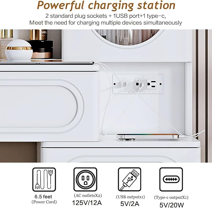 Vanity Desk with Mirror and Lights, with Power Outlet and 10 Lights Modern Capacity Makeup Vanity with 3 Drawers, Makeup Table for Bedroom,Makeup Room,White