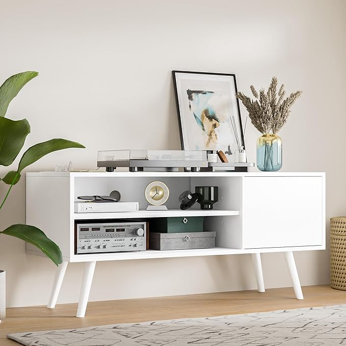 Cozy Castle TV Stand for 48 Inch TV, Mid Century Modern Entertainment Center with Storage Cabinet, TV Media Console with Charging Station for Living Room, Bedroom, White