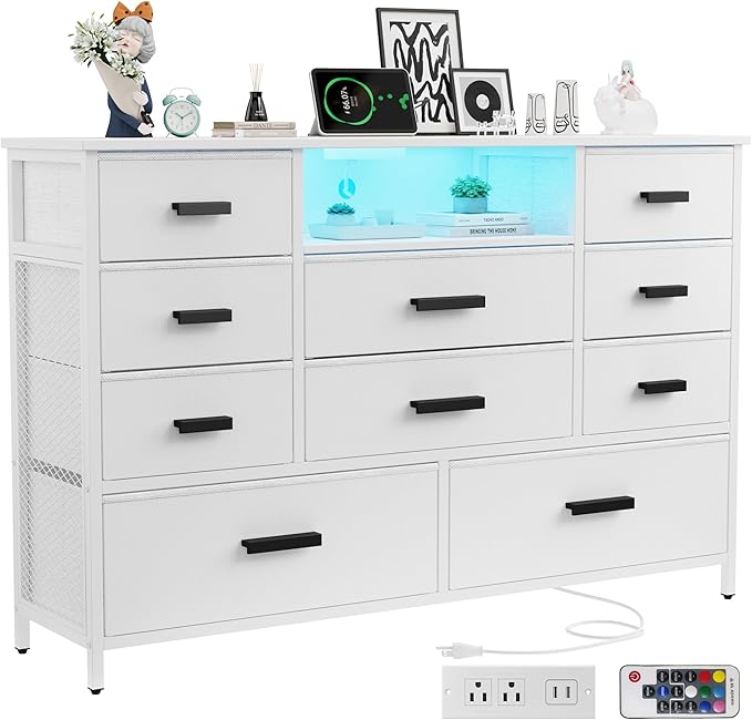 Dresser with Charging Station, White Dresser for Bedroom with 10 Drawers, TV Stand Storage with LED Light for 55" TV, Fabric with PU Finish, Morden Chest of Drawers for Bedroom, Closet