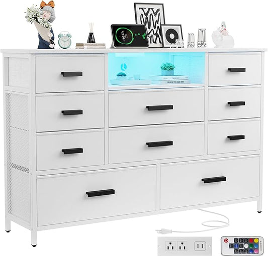 Dresser with Charging Station, White Dresser for Bedroom with 10 Drawers, TV Stand Storage with LED Light for 55" TV, Fabric with PU Finish, Morden Chest of Drawers for Bedroom, Closet