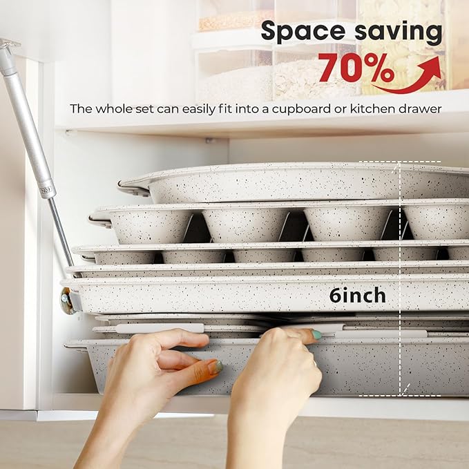 11-Piece Kitchen Nonstick Stackable Bakeware Set, Non Toxic Bakeware Sets with Silicone Handles, Includes Cookie Sheets, Cake Pan, Loaf Pan, Pizza Pan, Muffin Pan, White