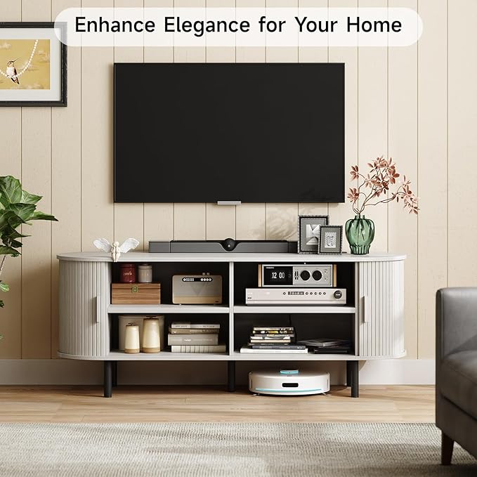 55" TV Stand with Power Outlet for TVs up to 60 Inch, Entertainment Center with Storage and Adjustable Shelves, Modern Media Console with Sliding Doors for Living Room, Natural White