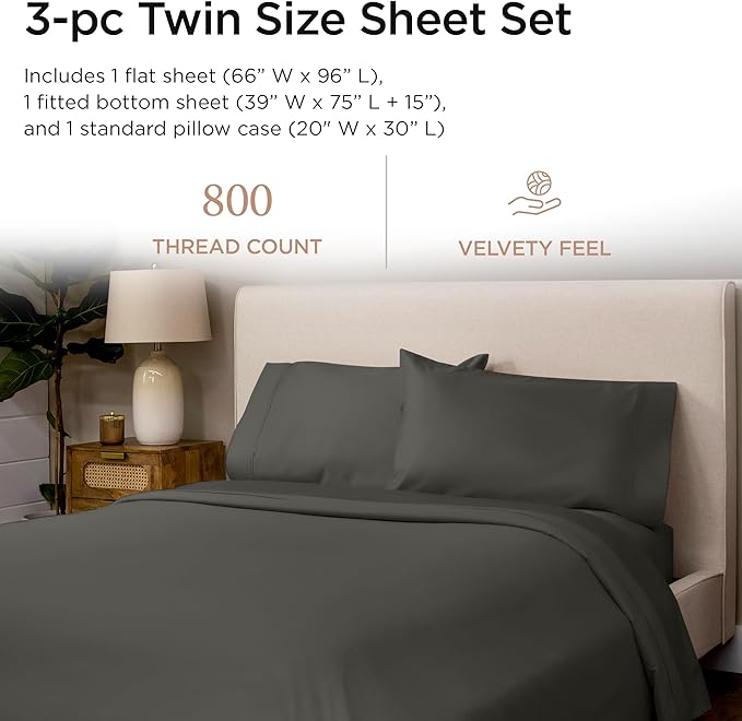 Threadmill Luxury 800 Thread Count 100% Cotton Sheets - Dark Grey Sateen Weave Twin Size Bed-Sheets, Better Than Egyptian Cotton,3 Pc Solid Soft Bedding Set, Fits 15" Deep Pocket