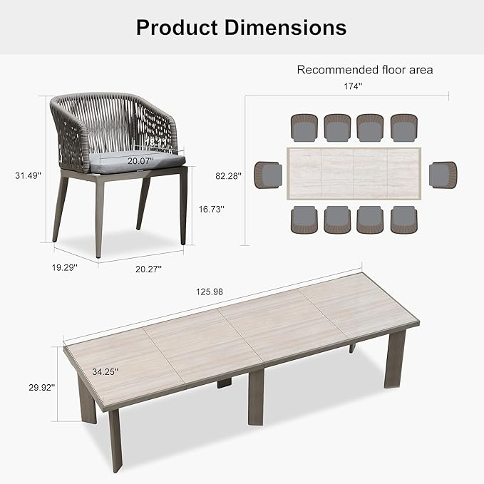 PURPLE LEAF 11 Pieces Outdoor Dining Table and Chairs Set Patio Dining Set Aluminum Wicker Rattan Patio Furniture Set for Lawn Garden Backyard Grey
