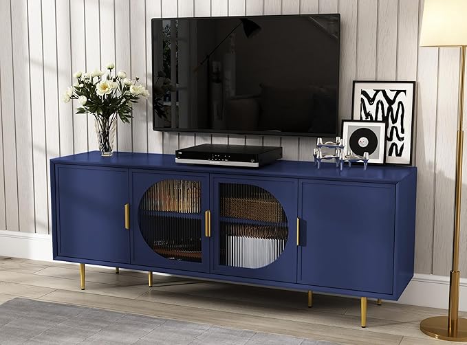 ARTPOWER Modern TV Stand for TVs up to 70+ inch, Glass Door Television Console Table with Gold Leg, Entertainment Center with Storage Cabinet, Wood Media Furniture for Bedroom, Living Room, Blue