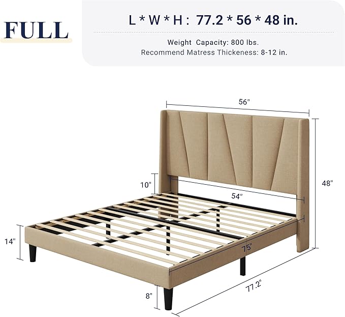 Allewie Full Size Platform Bed Frame with Geometric Wingback Headboard, Modern Upholstered Bed with Wooden Slats Support, No Box Spring Needed, Easy Assembly, Beige