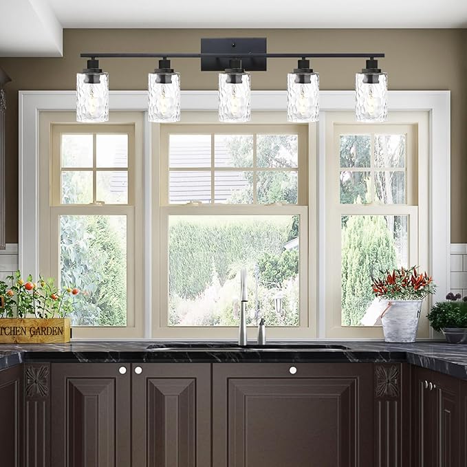 MELUCEE 5-Light Bathroom Lighting Fixtures Over Mirror, Contemporary Black Vanity Light Industrial Wall Lamp with Clear Hammered Glass Shade (Patent No.: US D963914 S)