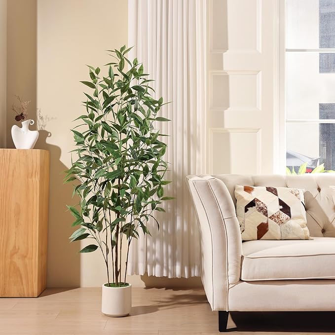 Artificial Eucalyptus Tree，5FT UV Resistant Fake Outdoor Plants,Artificial Plants Indoor with White Planter,Silk Leaves,Faux Tree for Home Decor Floor Porch Liveing Room