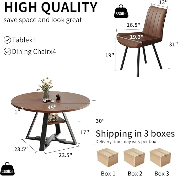 45.3" Walnut Round Dining Table Set with 4 Chairs – Mid-Century Modern Small-Space Kitchen & Dining Room Furniture for Apartment or Breakfast Nook (Boxwood – Storage Table + 4 Brown Chairs)