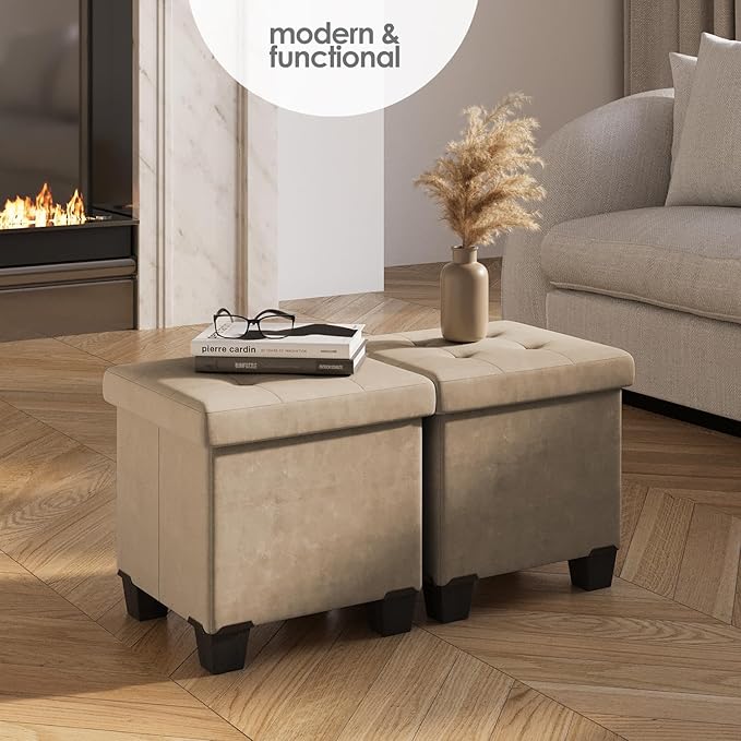 STORAGEBUD Storage Ottoman Cube with Small Bin, 15-in Square Ottoman with Storage for Living Room and Bedroom, Small Ottomans Foot Rest, Velvet Foot Stools Ottomans Max 330lbs, Taupe